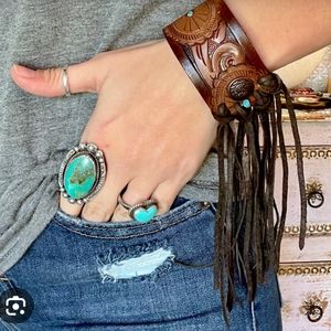 LEATHER fringe Turquoise Vintage cuff
